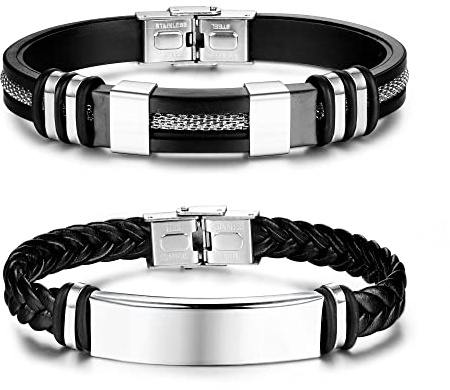 Adramata 2Pcs Pulsera Cuero Hombre Negro Pulsera de Acero Inoxidable Regalo Padre Papa Novio Regalo para Hombre