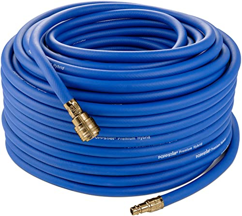 Poppstar Manguera para aire comprimido 50m (PVC híbrido con tejido, ⌀ interior 9,2mm con acoplamiento rápido y conector macho de latón), hasta 20 bar, azul