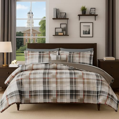 MaiRêve Comforter Set Full Size Khaki, Classic Farmhouse Bedding Set Bed in a Bag 7 Pieces, Lightweight All Season Comforter Set with Sheets, Pillowcases & Shams