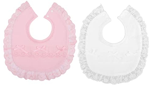 VILLFUL Lätzchen 2 Stück Tauflätzchen für Mädchen Bestickte Spitze Wiederverwendbare Baumwolle Babylätzchen für Kleinkinder und Neugeborene Sabberlätzchen zur Babyparty Je 1 in Weiß und Rosa