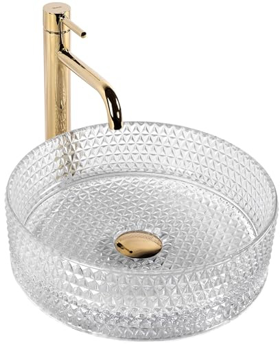 Rea Aufsatzwaschbecken Cristal Transparent Waschtisch Handwaschbecken Spülbecken Waschschale Waschbecken für Badezimmer aus hochwertiger Keramik 355 mm x 355 mm x 115 mm (transparent)