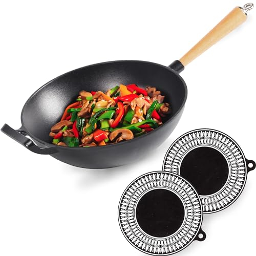 Chefarone Wok in ghisa con rivestimento in smalto - Padella antiaderente con manico in legno removibile - Pentole da wok - Padella in ghisa per saltare - Wok antiaderente con diametro di 28 cm