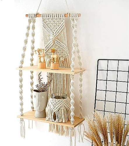 XQZMD Wandregal Holz, Makramee Wandbehang Regal Wand Dekorationen Modern, Handgewebte Schweberegal, Makramee Deko Wandregale für Wohnzimmer Schlafzimmer Balkon, Doppelschicht