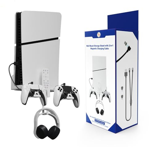 Soporte de pared consola para PS5 Slim, organizador de mandos y auriculares para colgar en la pared con cable de carga magnético 2 en 1