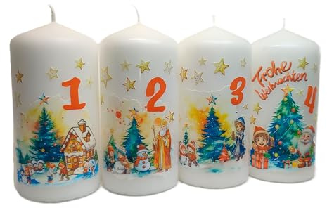 Adventskerzen | Weihnachtskerzen - Advent Weihnachtsmotive | Hochwertiger Druck auf der Kerze – KEINE FOLIE, 3D-Effekt – 120 x 58 mm (Advent - Kinder)