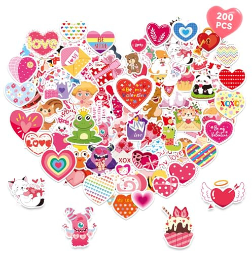 MARFOREVER 200 Stück Valentins-Aufkleber, Herz-Aufkleber, Valentinstag-Aufkleber, Bulk-Vinyl, wasserabweisend für Wasserflasche, Hochzeit, Laptop, Scrapbooking, DIY, Basteln, Dekorationen