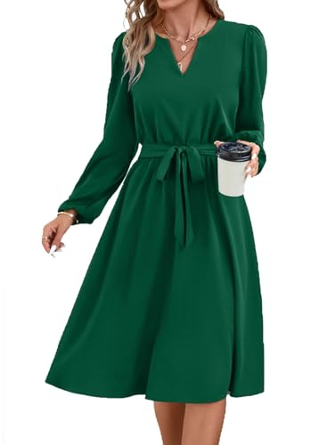 Yageshark Robes pour femme - Robe midi à manches longues et col en V - Robe chemise unie élégante et décontractée pour femme, Vert, S