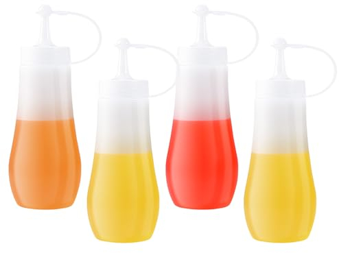 keilend 4 Pcs Sauce Bottles 8.8oz Squeezy Bottles with Nozzles, Plastic Sauce Dispenser with Twist on Cap Lids for Condiment, Mayonnaise, Ketchup, Salad Dressing and Olive Oil - Transparent