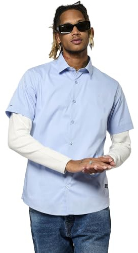 Kaporal, Chemise pour Homme, Coupe Fitted, Manches Courtes, Col Chemise, Modèle KOURA, Couleur Bleu Ciel, Taille L