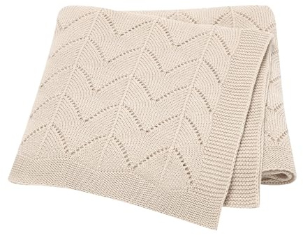 Babydecke, 100 % Baumwolle, gestrickt, Babydecke, atmungsaktiv, Kinderwagen/Reise/Babykorb für draußen, 100 x 80 cm, Beige