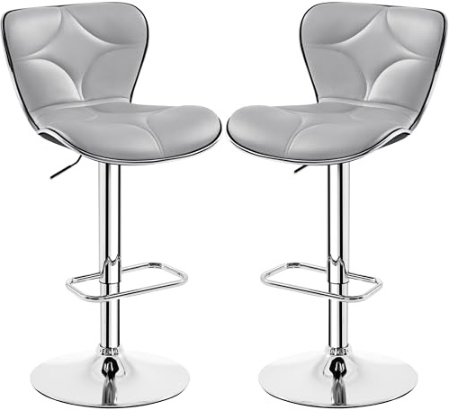 Yaheetech Barstools Set of 2, PU Leather Adjustable Swivel Breakfast Bar Stools with Shell Back, Pub Chairs Counter Height for Home Kitchen, Bar, Light Grey