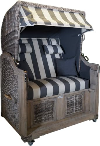 Strandkorb Teak Grey Washed, Stoff grau/cremeweiß, 2 Sitzer, Voll-Liegemodell, Old Teak