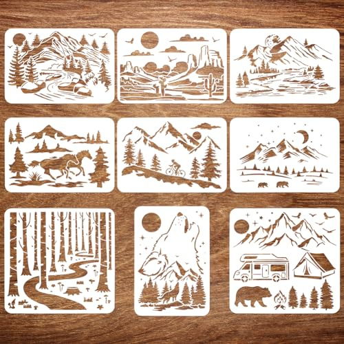 FINGERINSPIRE 9 Stück Landschaftsmalerei, große Schablone, 21 x 29,7 cm – Berge, Holz, Wölfe, Pferde, Häuser, Autos, Bären, Menschen – Natur-Themen zum Sprühen für DIY-Fliesen und Holz