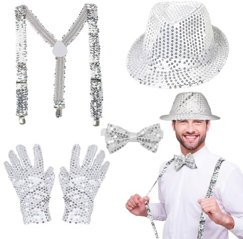 EUPSIIU 4 stycken paljetter kostym jazz hip-hop dans prestanda tillbehör med silver jazz hatt hängslen paljetter fluga handskar latin jazz mardi gräs cosplay avslutningsboll, silver, Enfant