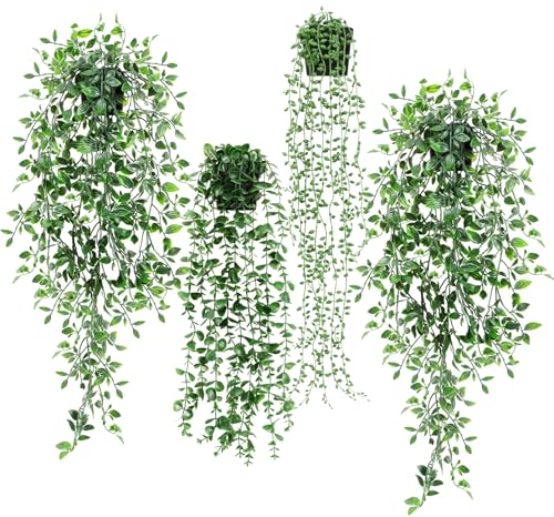 UHAPEER Künstlich Hängepflanze 4 Stück, Kunstpflanzen im Topf, Artificial Plants, 65cm Künstliche Pflanzen, Eukalyptus Perlenchlorophyt Datura Stramonium für Terrassen/Wand/Wohnzimmer Deko