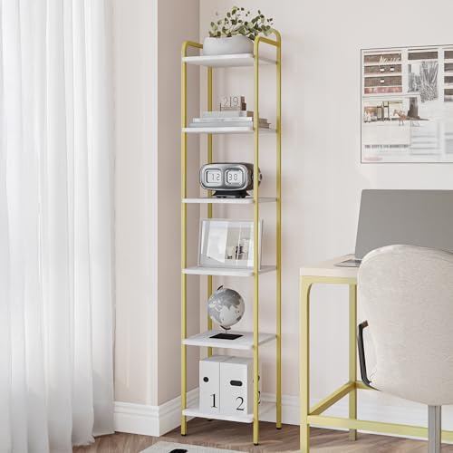 Hzuaneri Regal, Bücherregal, Standregal, Schmales Regal mit 6 Ebenen, Schmales Büroregal, Eckregal für Büro, Wohnzimmer, Schlafzimmer, Küche, 30 x 33 x 166 cm, Weiß-Gold BC24613G
