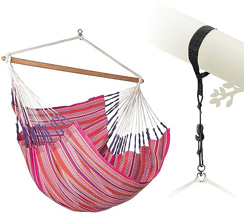 LA SIESTA® Habana Baumwoll Hängesessel & Baum- & Pfosten-Befestigung - Hängesessel für Indoor Outdoor Schlafzimmer, Sitz Hängeschaukel für Garten Balkon, XL Hängesessel - 2 Personen Kingsize, Flamingo
