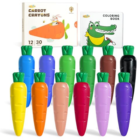 JUPITEARTH 12 Colors Crayons for Toddlers 1-3, Non Toxic Beeswax Carrot-Shaped Toddler Crayons with 30-Page Coloring Book and 120 PDF Pages, Mess-Free Coloring for Kids Ages 2-4 4-8 Art Supplies Gift