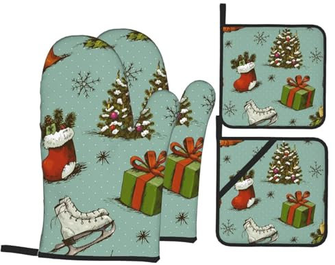 Ofenhandschuhe und Topflappen-Set, Weihnachtsstrümpfe, Bäume, hitzebeständig, Küche, Backhandschuhe, rutschfeste Oberfläche zum Kochen, Backen, Grillen, Grillen