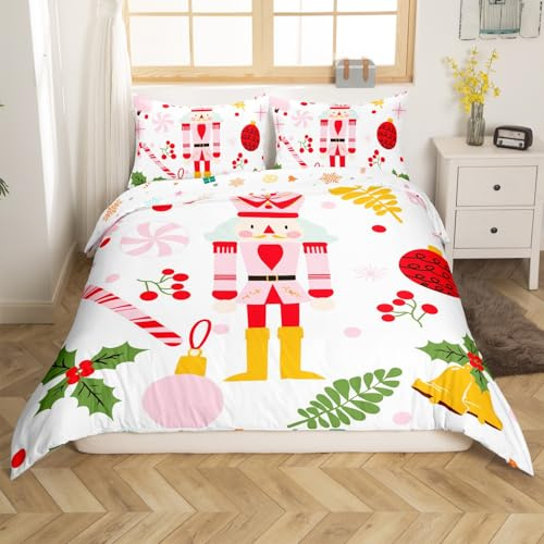 Homemissing Nutcracker Bedding Set Retro Xmas Duvet Cover Set for Kids Boys Colorful Scandinavian Christmas Comforter Cover Pink White Quilt Cover Bedroom Collection 2Pcs Single Size,No Comforter