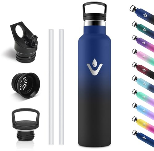 Vikastar Gourde Isotherme, 1 Litro Anti-Fuite, Bouteille Isotherme, sans BPA, Gourde Inox, Réutilisable,Bouteille Isotherme 1L pour Fitness, École, Sport, Cyclisme, Bleu Foncé & Noir
