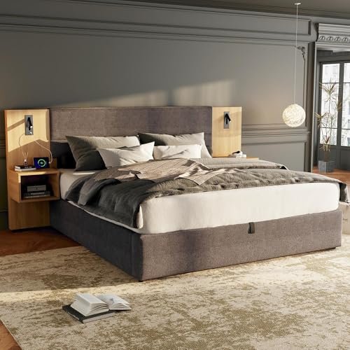 YuQozii Cama tapizada de 180 x 200 cm, cama con cabecero hidráulico ancho USB con iluminación, incluye dos mesitas de noche con espacio de almacenamiento, somier de listones de madera, fácil montaje,