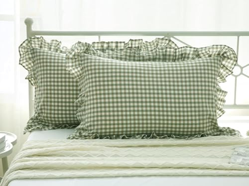 Kissenbezüge mit Rüschen, kariert, kariert, kariert, kariert, King-Size-Kissenbezüge, gewaschene Baumwolle, Bauernhaus, Landhaus-Kissenbezüge für Bett/Sofa (50,8 x 91,4 cm, Salbeigrün / Weiß kariert),