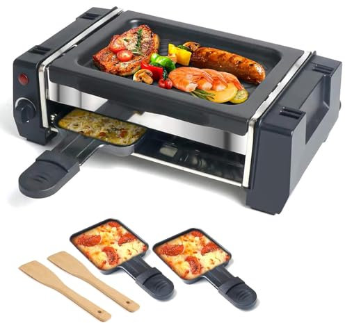 YZRDCXM Raclette Table Grill, 2 in 1 Electric Griddle,500W Electric Indoor Raclette Grill, Nonstick Temperature Control BBQ Grill with 2 Cheese Pans and 2 Wooden Spatulas, for Parties and Indoor Use