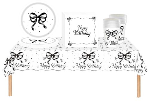 53Pcs Black Bowknot Birthday Tableware Decorations Sets for Her Party Decor,Bowknot Table Cloth Decoration Paper Cups Napkins Plates,Bow Paper Dinnerware for Girls Her Baby shower Wedding Party