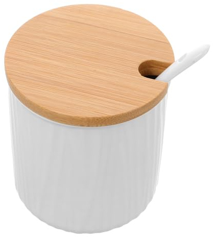 Amosfun Tarro con Tapa y Cuchara Blanco de 300ml de Condimentos de Cerámica y Mantiene Frescos los Especias Dispensador Fácil para Cocina