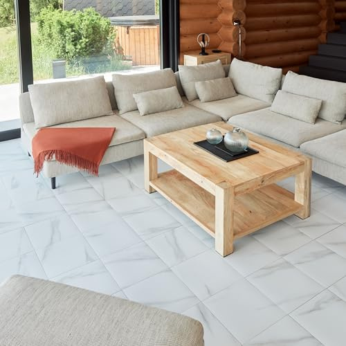 Vinyl White Floor Tiles Self Adhesive - 10 Pack Covering 10 sqf (0.9sqm) - Flooring Tile 12x12In (30.5x30.5cm) - Sticky Floor Tiles Vinyl with Marble Effect, Easy Peel and Stick for Kitchen, Hallway