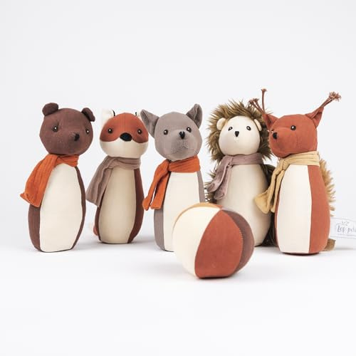 Egmont Toys Bowling Gioco Animali della foresta - Gioco di coni per bambini in cotone, 5 coni animali e palla, giocattolo per abilità motorie per tutte le età, gioco educativo per interni ed esterni