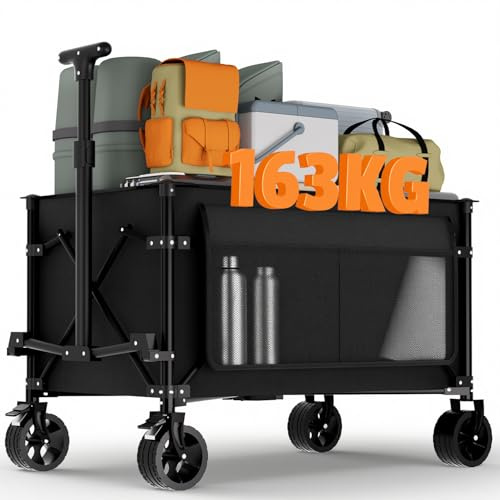 Favoyard 150L Heavy Duty Festival Trolley on Wheels, Folding Camping Trolley with All-Terrain Wheels and Adjustable Handle, Garden Wagon Cart for Beach Outdoor Camping Garden Picnic, Black