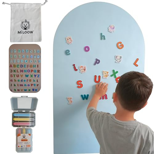 Miloow Magnettafel Kinder 100x60 – Deutsch beschriftete Tiermagnete, selbstklebende Magnetwand Kinder & Magnetfolie mit Buchstabenmagneten, Montessori Lernspielzeug für Kinderzimmer mit Stiften
