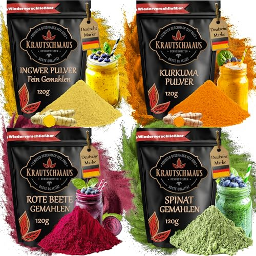 je 120g Rote Beete Pulver, Spinatpulver, Kurkumapulver, Ingwerpulver Smoothies Starter Set, Krautschmaus, für Milkshakes, Joghurts, getrocknet, gemahlen, intensive Farbe, natürliche Lebensmittelfarbe