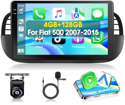 Autoradio 4+128G Motorsi per Fiat 500 2007-2015 Android 15 Singolo DIN 9'' 1280P HD Touchscreen Incell Radio Stereo Bluetooth/Carplay Android Auto/EQ/GPS/WiFi/OBD2/DVR/DAB, Telecamera AHD e Microfono