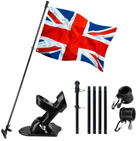 Union Jack Flag and Pole 5ft x 3ft, Large British National Flag with Metal Eyelets, Durable Polyester UK Flags for Outdoor Events, Parties & Patriotic Displays (Flags + 5FT FlagPole +Mounting Bracket)