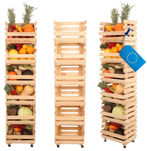 MODO24 Modular Holzregal für Gemüse & Obst auf Rollen, Stapelbares Regalsystem aus Kiefernholz, 6 Holzkisten, Kartoffelsteige, Küchenregal, Vorratsregal, Gemüseregal, Abm. 157x37x30 cm, Fargbe: Natur