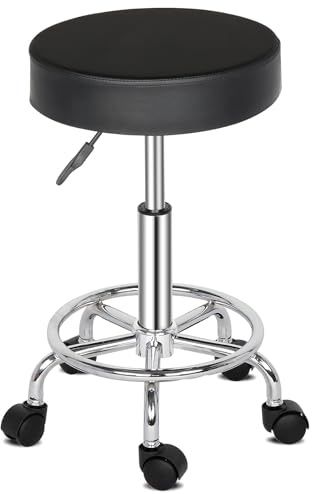 TactFire Sgabello con Ruote Regolabile in Altezza in Pelle PU | Sedia da Lavoro Imbottita con Cuscino in Pelle 8cm, per Bar, Casa, Parrucchiere,Ufficio