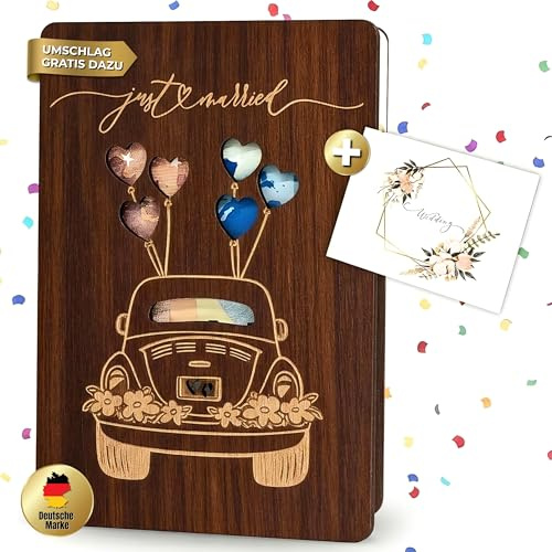 Hochzeitskarte Geldgeschenk Karte Hochzeit Hochzeitsgeschenk Brautpaar Holz | Dunkle Bambus-Karte mit Umschlag & feiner Gravur, Just Married Auto, Glückwunschkarte - Geld sichtbar als Geschenk verstauen