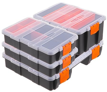 Relaxdays Set de 4 Cajas organizadoras, 3 tamaños, 49 Compartimentos, plástico, para Piezas pequeñas, Negro/Naranja 18x2