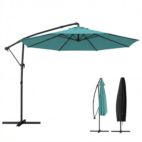 Outsunny 10 ft Offset Patio Umbrella with Cover, Round Hanging Cantilever Umbrella with 6-Position 360° Rotation, Crank Handle, Tilt, Cross Base, Heavy Duty Outdoor Umbrella for Garden, Sky Blue