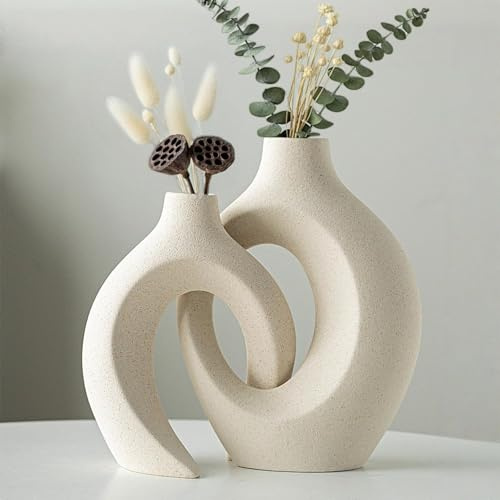 Vase Harz, 2er Beige Moderne Vasen für Deko Wohnzimmer, Boho Deko Nordisches Vasen für Zuhause, Wohnzimmer, Büro, Bauernhaus, Couchtisch Dekoration