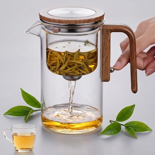 Xygobla 600ml Magnetic Glass Teapot Infuser | Magic Loose Leaf Teapot Water Separation Borosilicate Glass Teapots Ergonomic Wood Effect Silicone Grip Tea Gifts