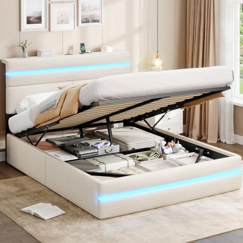AOGLLATI Lit Coffre 140x190, Lit 2 Personnes avec Lumières LED et Prise, Cadre de Lit 140x190 avec Rangement, Système Hydraulique,Tête de Lit Capitonné,Sommier à Lattes en Bois,Lin Beige (ans matelas)