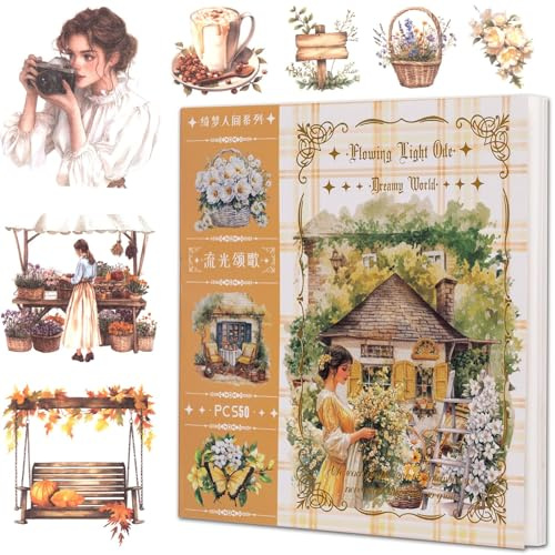 Pegatinas Scrapbooking Vintage, Libro de Stickers Washi de 50 Hojas con Flores y Jardín Acuarela Estilo Campestre, para Journaling y Álbum de Fotos, Diseño Coordinado para Manualidades DIY Creativas