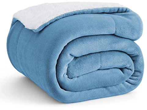 Bedsure Sherpa Fleece Throw Blanket - Thick and Warm, Fluffy Microfiber Solid & Soft Blankets for Bed and Couch Double/Twin Size, Washed Blue, 150x200cm