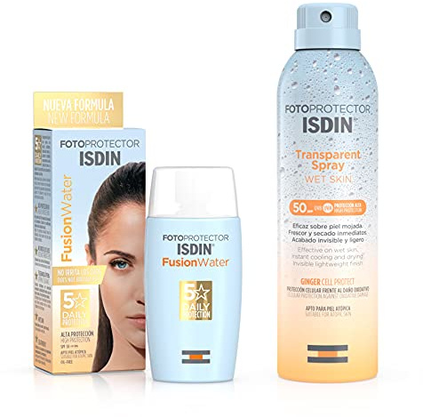 ISDIN Fusion Water LSF 50 | Sonnencreme für das Gesicht zur täglichen Anwendung| Ultraleichte Textur, 50 ml + Wet Skin Transparent Spray 50 | unsichtbarer und leichter Lichtschutz | 250 ml