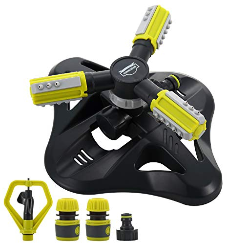 Dewinner -Irrigatore per Giardino, Automatico Rotante a 360 °, 3 bracci girevoli regolabili per piante e fiori, 2 ugelli circolari a spruzzo, 3 connettori