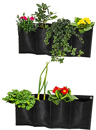 S4U 4 Pocket Hanging Horizontal Garden Wall Planter Planting Grow Bags For Outdoor Yard Garden Home Decoration, Flowers Planting Bags Storage Bags (Black) (2 Pack)